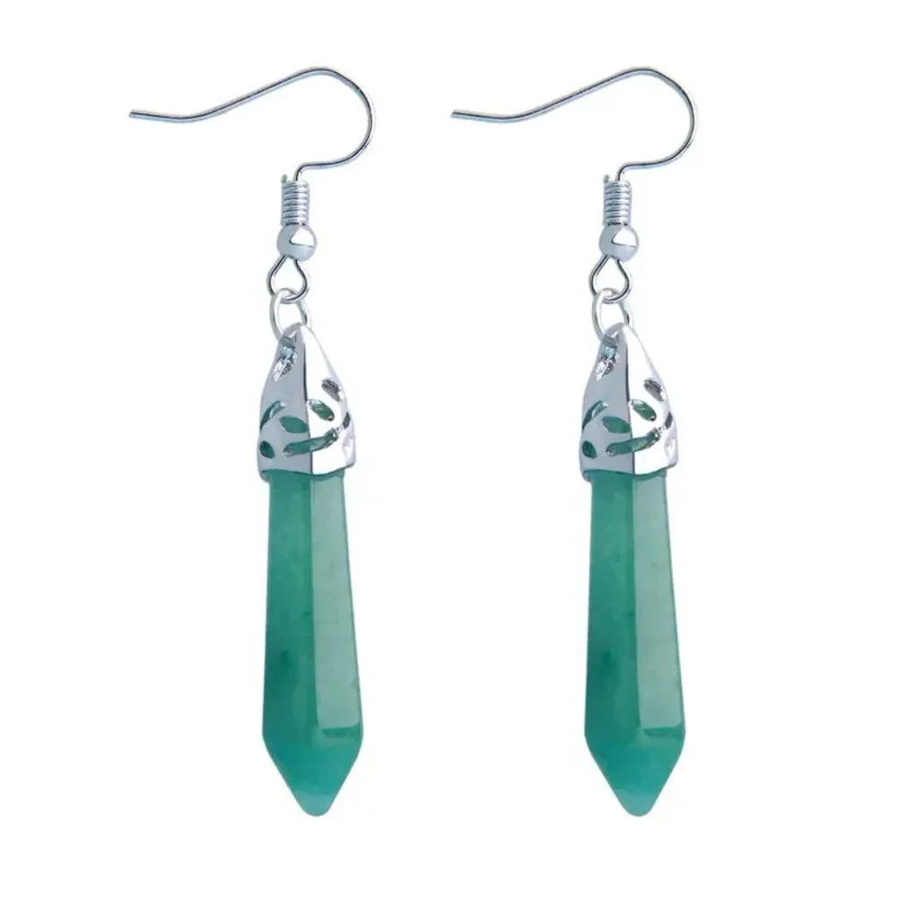 Green Aventurine Natural Stone Gemstone Hexagon Point Healing Dangle Earrings - Picture 3 of 3
